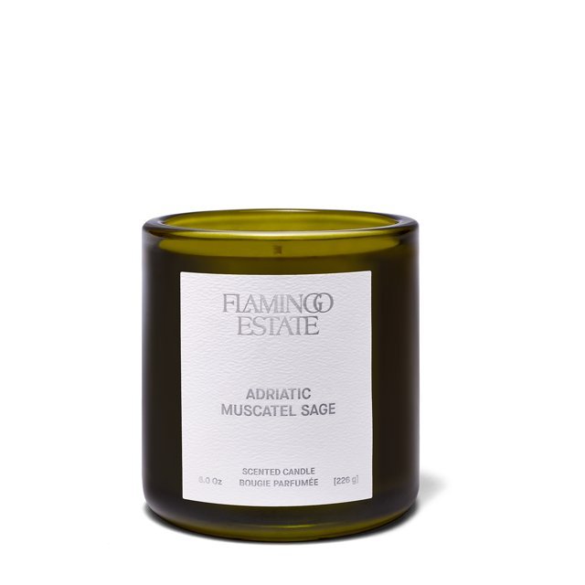 Flamingo Estate Adriatic Muscatel Sage candle in olive glass jar